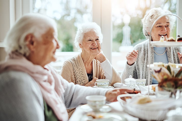Happy senior citizen ladies at lunch at personal carte