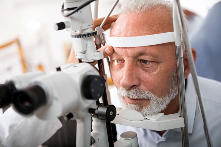 Senior-man-doing-eye-test-with-optometrist