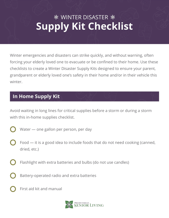 Winter Disaster Supply Kit Checklist
