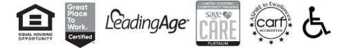 Logos for Equal Housing Opportunity, LeadingAge, Sage Care Platinum Membmer, Aspire to Excellence, and Accessibility Standards