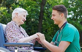 Grandmother and grandson chatting