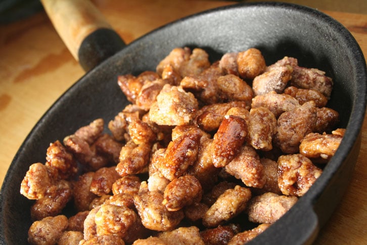 Spiced candied nuts in pan